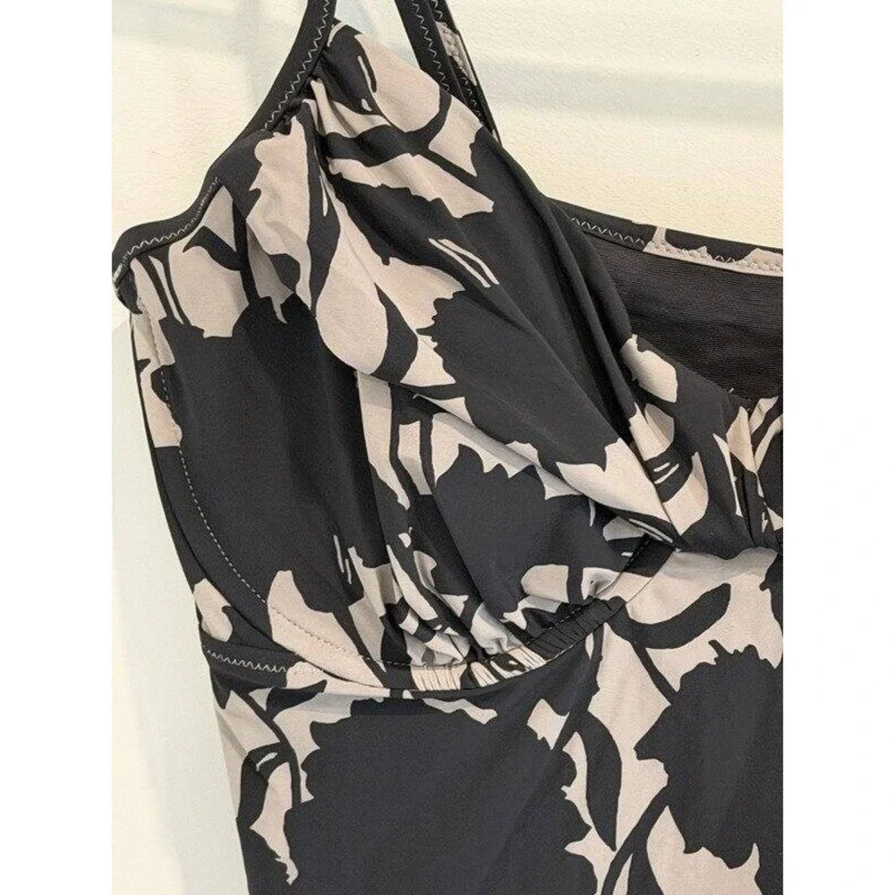 Lands End Black Gray Floral Print Swimsuit Tankini Top Underwire Adjustable 18